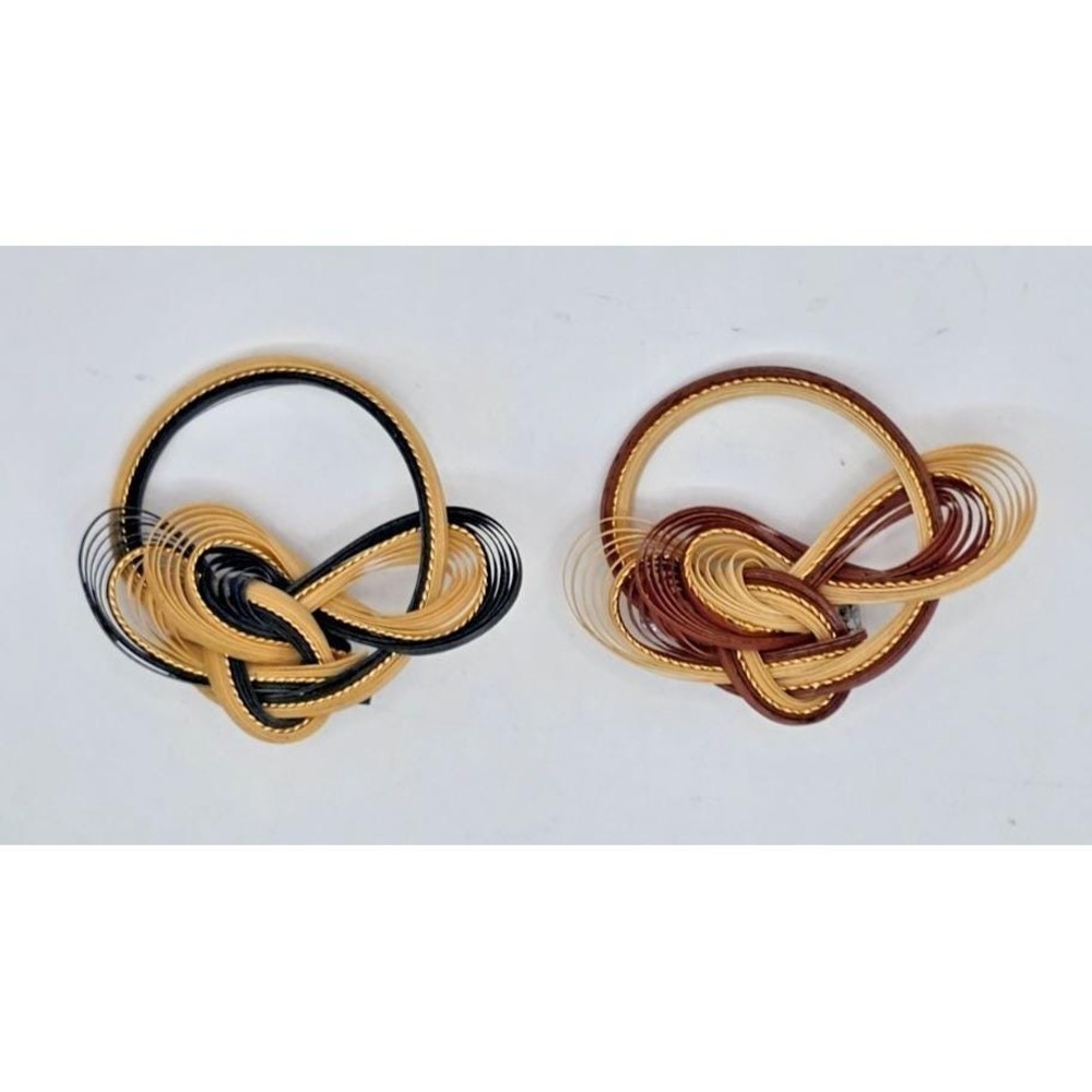 Vintage Quilled Bamboo Brooch x2 Blue Tan Red Tan Gold Tone Knots Made in Taiwan